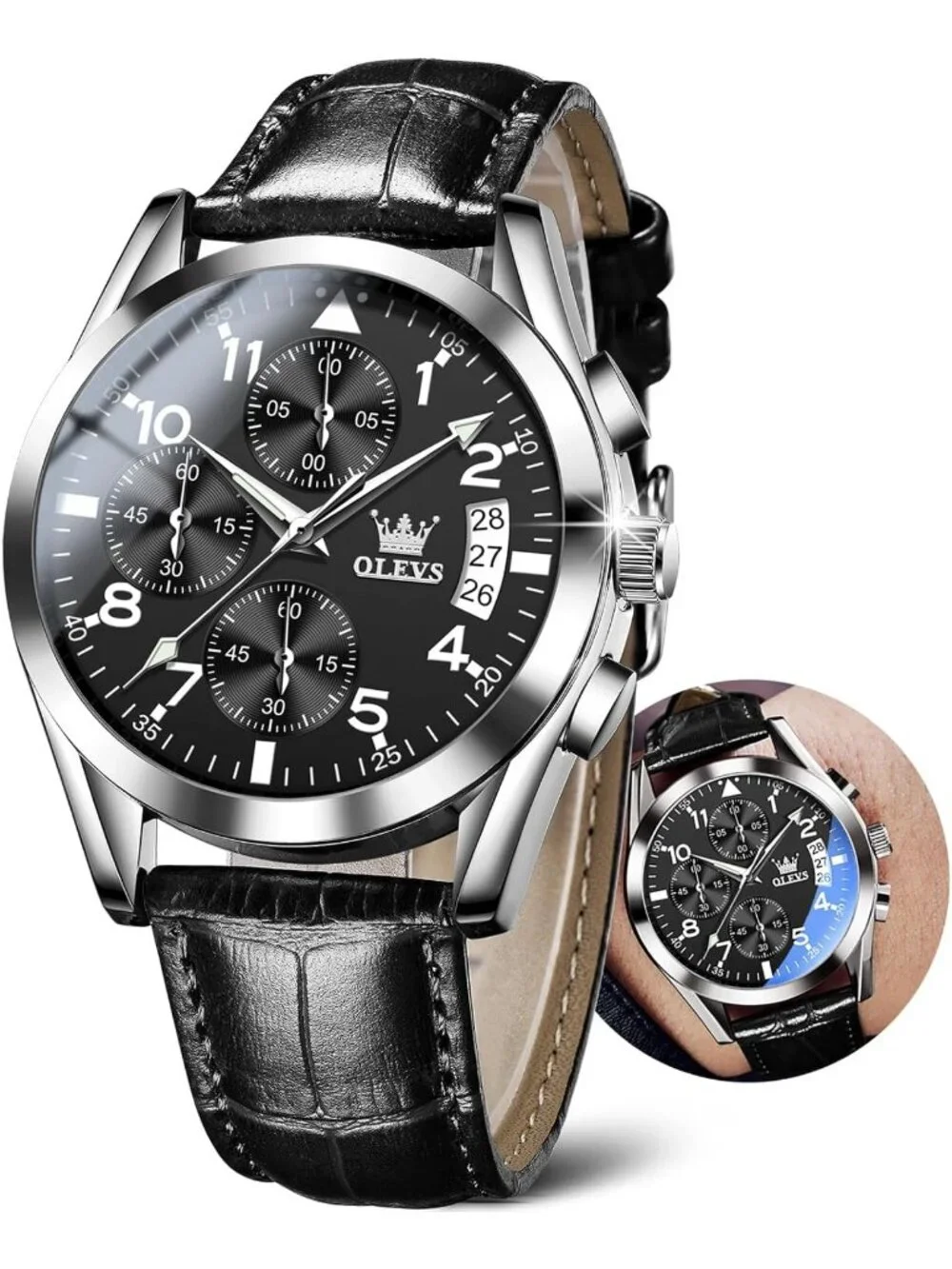 Mens Silver Large Face Black Leather Analog Classic Chronograph Waterproof Watch